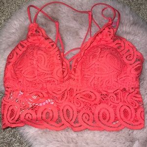 Victoria’s Secret PINK Neon Coral Lace Bralette w/ Matching Lace Thong